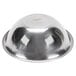 A close-up of a shiny silver Vollrath stainless steel mixing bowl with a lid.