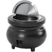 A black Vollrath Colonial soup warmer with a circular lid open.