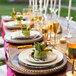 A table set with 10 Strawberry Street gold line porcelain salad plates and glasses of wine.