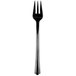 A close-up of a black plastic WNA Comet Petite tasting fork.