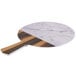 An Elite Global Solutions marble and faux hickory wood round serving board with a wooden handle.
