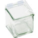 A clear rectangular glass container with a clear plastic lid with a notch.