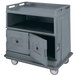 A gray Cambro beverage service cart with 2 doors open.