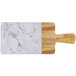An Elite Global Solutions faux alder wood and Carrara marble rectangular serving board with a bamboo handle.
