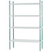 An Advance Tabco green and white shelving unit with four shelves and green posts.