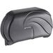 A black San Jamar Twin Oceans double roll toilet tissue dispenser box with a handle.