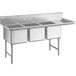 A Regency stainless steel three compartment sink with cross bracing and a right drainboard.