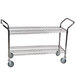 A chrome metal utility cart with two shelves and wheels.