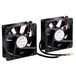 Two black Avantco axial condenser fans with wires.