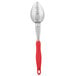 A Vollrath Jacob's Pride perforated basting spoon with a red handle.