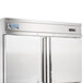 A white stainless steel refrigerator with two doors with the top cover panel removed.