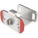 A stainless steel Metro travel latch with a red metal piece.