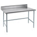 A metal stainless steel work table with a long rectangular top.