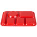 A red plastic tray with six compartments.