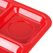 A red Carlisle polypropylene tray with 6 compartments.