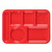 A red Carlisle polypropylene tray with six compartments of different shapes.