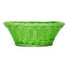 A green round polyweave basket with a handle.