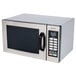A silver Panasonic commercial microwave with a black door.