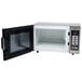 A Panasonic stainless steel commercial microwave oven with a door open.