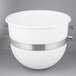 A white Hobart plastic mixing bowl with silver metal bands.