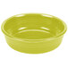 A green bowl with a yellow rim on a white background.
