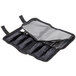 A black and grey Mercer Culinary knife case with a zipper and six compartments.