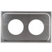 A stainless steel plate with two holes.