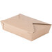 A brown Fold-Pak Bio-Plus-Earth paper take-out box with a lid.