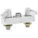 A white box with a silver Equip by T&S swivel workboard faucet with two handles.