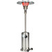 A silver stainless steel Schwank Deluxe Propane patio heater with a red light.