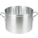 A large silver aluminum sauce pot with two handles.