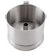 A stainless steel Robot Coupe cutter bowl with a handle and lid.