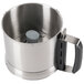 A stainless steel Robot Coupe cutter bowl with a handle.