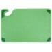 A green San Jamar plastic cutting board with a hook.