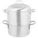 A silver aluminum Vollrath rice and vegetable steamer pot with two lids.