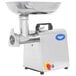 A Vollrath stainless steel meat grinder with a bowl on top.