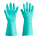 A pair of green Cordova nitrile gloves with flock lining.