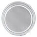 A white round metal cake pan with a silver rim.