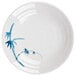 A white melamine soup plate with blue bamboo design on it.