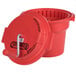 A red plastic bucket with a handle and lid, the Chef Master 2.5 gallon salad spinner.
