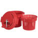 A red plastic Chef Master salad spinner with a lid and a handle.