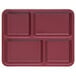 A dark cranberry rectangular tray with four square compartments.