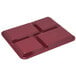 A Carlisle dark cranberry melamine tray with four square compartments.