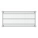A close-up of a Regency chrome wire shelf grid with metal bars.