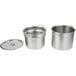 A Vollrath stainless steel double boiler set with three pots and lids.