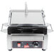 A Cecilware single panini sandwich grill with grooved grill surfaces, open.