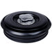 A black round plastic lid with a clear surface.