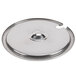 A silver stainless steel notched lid for a vegetable inset pot.
