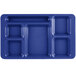 A navy blue rectangular Cambro serving tray with six compartments.