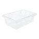 A Carlisle clear plastic food storage container with clear lid.